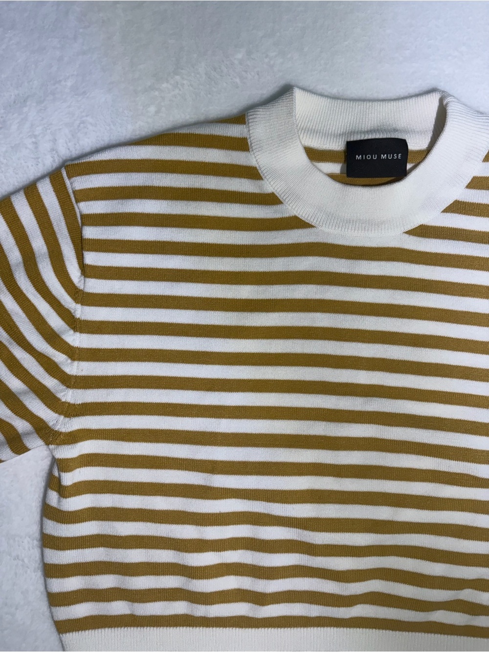 Miou Muse White & Mustard Striped Short Sleeve Cropped Sweater